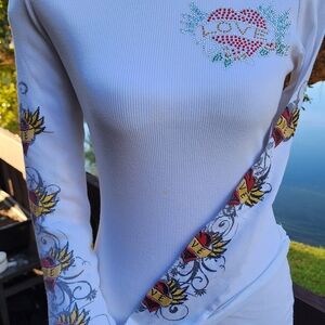 #Y2K White Long Sleeve T Shirt, Beautiful design on arms